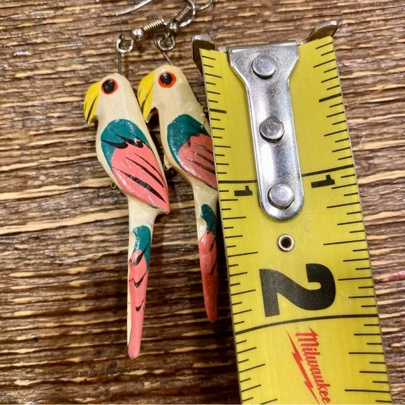 Vintage Parrot Earrings Handmade Wood - Picture 8 of 11